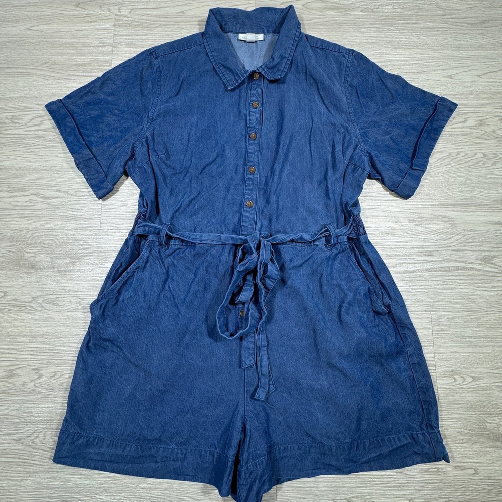 On 34th Women‎ Romper XL Blue Lyocell Denim Short Sleeve Button Front Tie Waist